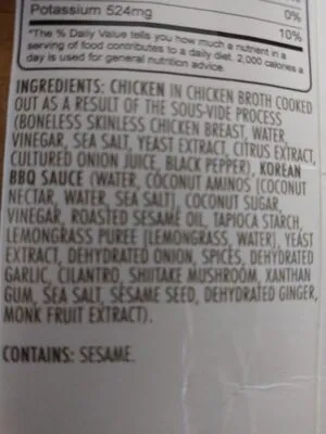 Ingredients Label for Kevin's Natural Foods Kevins Korean Bbq Style Chicken - Verified CERTIFIED SAFE