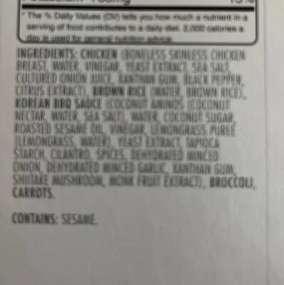 Ingredients Label for Kevin's Natural Foods Korean Bbq-style Chicken - Verified CERTIFIED SAFE