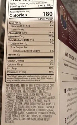 Ingredients Label for Kevin's Natural Foods Mongolian-style Beef Tender Beef Strips Paired With A Soy-free Mongolian Sauce - Verified CERTIFIED SAFE