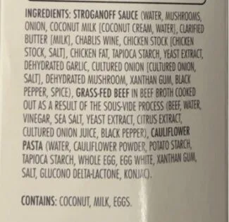 Ingredients Label for Kevin's Natural Foods Paleo Beef Stroganoff - Verified CERTIFIED SAFE