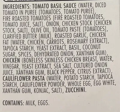 Ingredients Label for Kevin's Natural Foods Roasted Tomato Chicken Pasta - Verified CERTIFIED SAFE