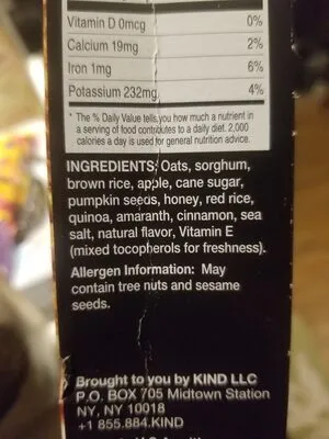 Ingredients Label for Kind Apple Cinnamon Cereal - Verified MANUFACTURER LABELED GLUTEN-FREE