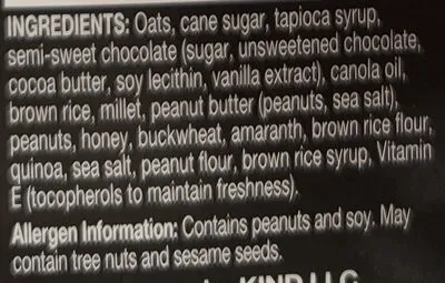 Ingredients Label for Kind Healthy Grains Chewy With A Crunchy, Peanut Butter Dark Chocolate - Verified MANUFACTURER LABELED GLUTEN-FREE