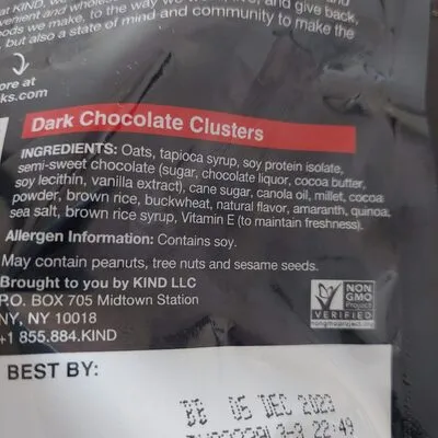 Ingredients Label for Kind Healthy Grains Whole Grain Clusters, Dark Chocolate - Verified MANUFACTURER LABELED GLUTEN-FREE
