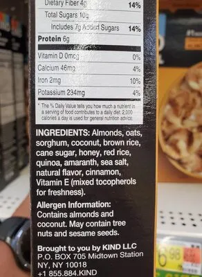 Ingredients Label for Kind Honey Almond Cereal - Verified MANUFACTURER LABELED GLUTEN-FREE