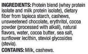 Ingredients Label for Kirkland Signature Protein Bar Chocolate Brownie - Verified CERTIFIED GLUTEN-FREE