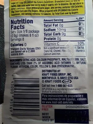 Ingredients Label for Kool-aid Lemonade Unsweetened Drink Mix - Verified MANUFACTURER LABELED GLUTEN-FREE