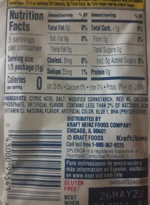 Ingredients Label for Kool-aid Tropical Punch Unsweetened Drink Mix - Verified MANUFACTURER LABELED GLUTEN-FREE