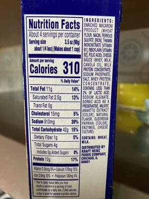 Ingredients Label for Kraft Deluxe Original Cheddar Macaroni & Cheese Dinner - Verified NOT SAFE