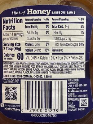 Ingredients Label for Kraft Hint Of Honey Barbecue Sauce - Verified PROCEED WITH CAUTION