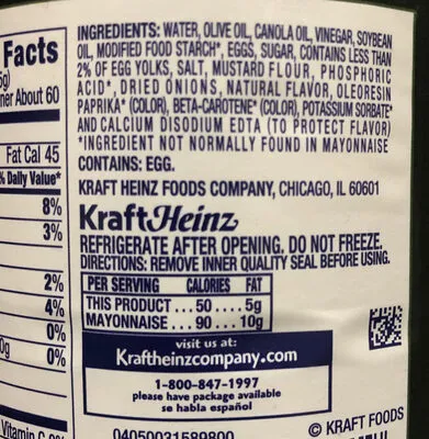 Ingredients Label for Kraft Olive Oil Mayonnaise - Verified PROCEED WITH CAUTION