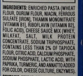 Ingredients Label for Kraft Original Cheese Flavor Spirals Macaroni & Cheese Dinner - Verified NOT SAFE