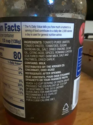 Ingredients Label for Kroger Pasta Sauce, Traditional - Verified PROCEED WITH CAUTION