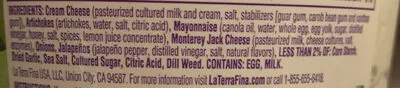 Ingredients Label for La Terra Fina Artichoke & Jalapeño Dip & Spread Mild - Verified CERTIFIED SAFE