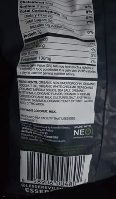 Ingredients Label for Lesser Evil Popcorn Real Organic Cheddar - Verified CERTIFIED SAFE