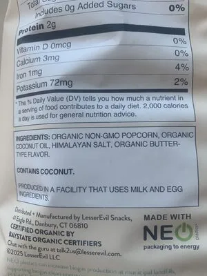 Ingredients Label for Lesserevil Himalayan Gold Popcorn - Verified CERTIFIED SAFE
