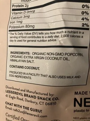 Ingredients Label for Lesserevil Himalayan Pink Salt Popcorn - Verified CERTIFIED GLUTEN-FREE