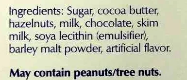 Ingredients Label for Lindt Hazelnut Milk Chocolate - Verified NOT SAFE