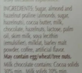 Ingredients Label for Lindt Lindt, Milk Chocolate, Hazelnut Torte - Verified NOT SAFE