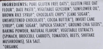Ingredients Label for Made Good Mornings Organic Soft Baked Oat Bars Chocolate Chip - Verified CERTIFIED GLUTEN-FREE