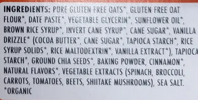 Ingredients Label for Made Good Mornings Organic Soft Baked Oat Bars Cinnamon Bun - Verified CERTIFIED SAFE