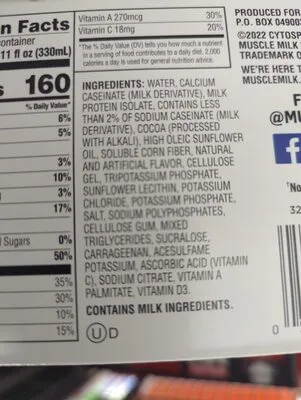 Ingredients Label for Muscle Milk Genuine Zero Sugar Protein Shake, Chocolate - Verified PROCEED WITH CAUTION
