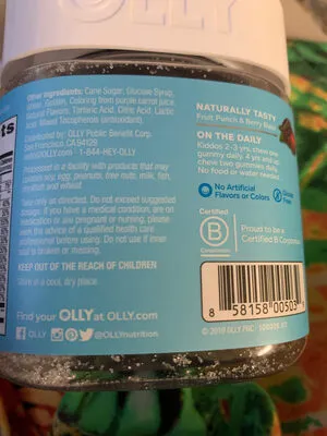 Ingredients Label for Olly Kids Multi & Probiotic - Verified MANUFACTURER LABELED GLUTEN-FREE