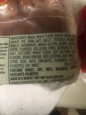 Ingredients Label for Oroweat Rain Whole Grains Bread - Verified NOT SAFE