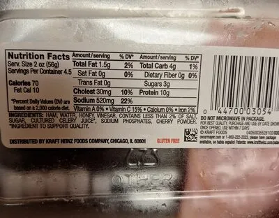 Ingredients Label for Oscar Mayer Deli Fresh Honey Sliced Lunch Meat Uncured Ham - Verified MANUFACTURER LABELED GLUTEN-FREE