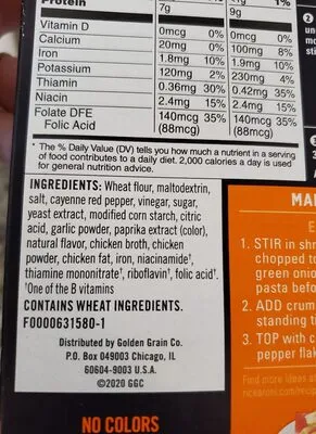 Ingredients Label for Pasta Roni Hot & Spicy Buffalo Chicken Flavor Penne Pasta, Cayenne Red Pepper Sauce And Chicken Broth - Verified NOT SAFE