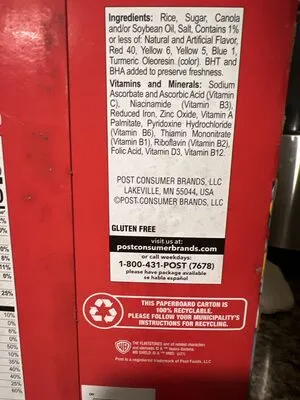 Ingredients Label for Post Fruit Flavor Sweetened Rice Cereal - Verified MANUFACTURER LABELED GLUTEN-FREE