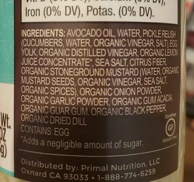 Ingredients Label for Primal Kitchen Tartar Sauce Avocado Oil - Verified CERTIFIED SAFE
