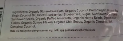 Ingredients Label for Purely Elizabeth. Ancient Grain Granola., Blueberry Hemp - Verified CERTIFIED SAFE