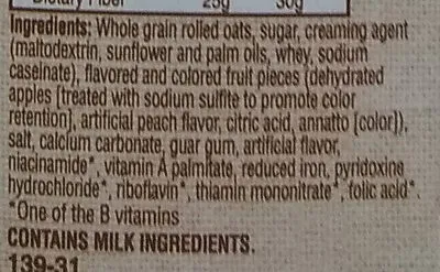Ingredients Label for Quaker Peaches & Cream Instant Oatmeal (10-) 10 Count Paper - Verified PROCEED WITH CAUTION