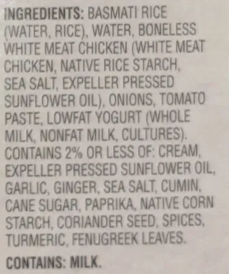 Ingredients Label for Saffron Road Chicken Tikka Masala With Basmati Rice Roasted White Meat Chicken Simmered With Tandoori Spices In A Robust, Creamy Tomato Sauce - Verified CERTIFIED SAFE