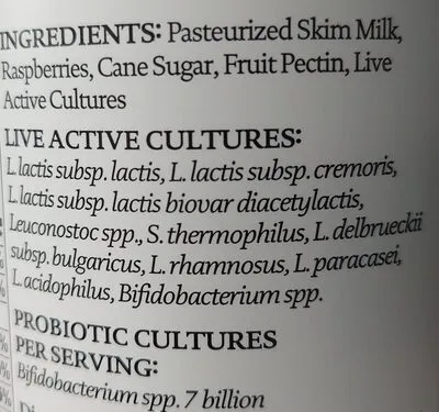 Ingredients Label for Siggi's Raspberry Probiotic Drinkable Non-fat Yogurt - Verified CERTIFIED SAFE