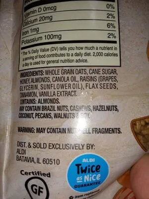 Ingredients Label for Simply Nature Raisin & Almond Honey Granola - Verified CERTIFIED SAFE
