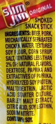 Ingredients Label for Slim Jim Original Smoked Meat Stick - Verified NOT SAFE
