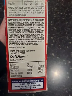 Ingredients Label for Stove Top Lower Sodium For Chicken Stuffing Mix - Verified NOT SAFE