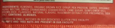 Ingredients Label for The Gfb Cranberry + Toasted Almond Gluten Free Bar - Verified CERTIFIED SAFE