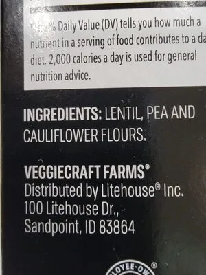 Ingredients Label for Veggiecraft Farms Pasta Made With Cauliflower, Penne - Verified CERTIFIED SAFE