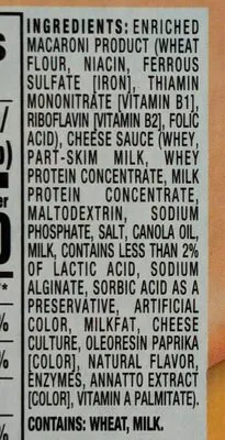 Ingredients Label for Velveeta Shell Pasta & Cheese Sauce - Verified NOT SAFE