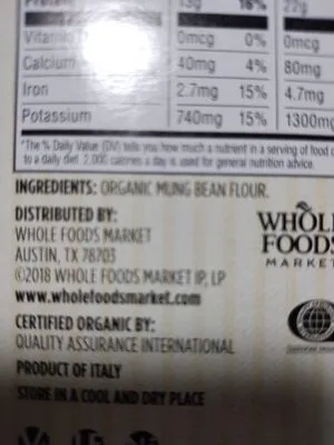 Ingredients Label for Whole Foods Mung Bean Gluten Free Fusilli - Verified CERTIFIED SAFE