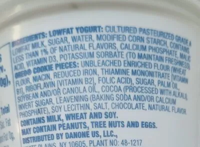 Ingredients Label for Yocrunch Oreo Vanilla Lowfat Yogurt - Verified NOT SAFE