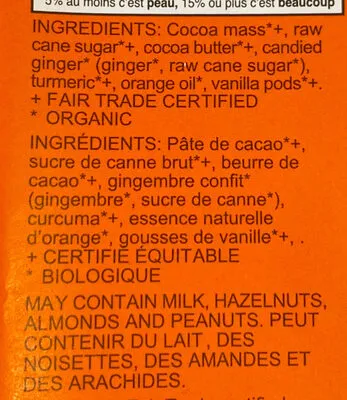 Ingredients Label for Zazubean Organic Chocolate Orange & Ginger Squeeze, 70% Cocoa - Verified MANUFACTURER LABELED GLUTEN-FREE